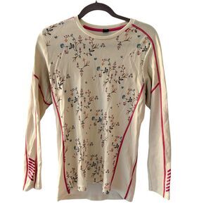 Helly Hensen Cream & Pink Floral Merino Wool Long Sleeve Baselayer Shirt Size L